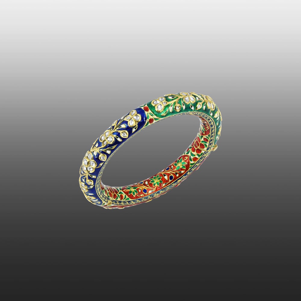 Multicolour Enamel Bangle with Polki and Floral Motifs